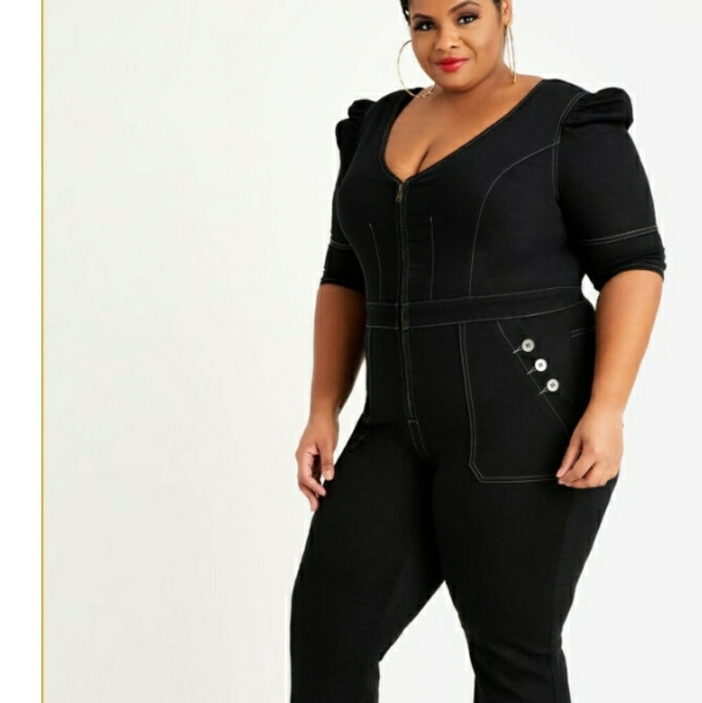 Puff flared denim jumpsuit